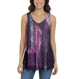 One World Tunic Tank Top Size Small Mesh Overlay Purple Pink Rhinestones Art